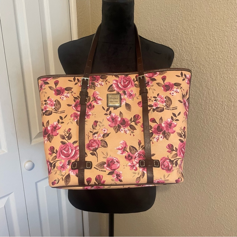 Dooney and Bourke yellow/pink cottage rose shopper tote